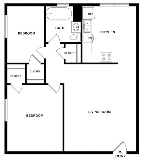 Floor plan for 2 beds, 1 bath, 640 sqft